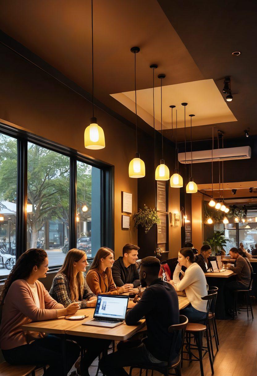 A serene, inviting coffee shop scene where a diverse group of people engage in conversations about dating profiles, surrounded by laptops and profile checklists. In the foreground, a glowing checklist highlights key verification steps. Warm, welcoming colors create a friendly atmosphere. super-realistic. vibrant colors. 3D.