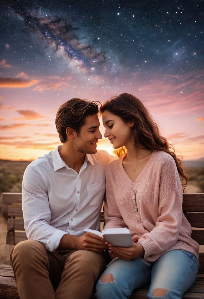 A romantic scene depicting a couple sharing a tender moment under a starry sky, with a glowing heart symbolizing connection above them. Surrounding elements include a checklist of relationship verification methods, such as phone calls and video chats, subtly integrated into the background. Soft pastel colors evoke warmth and comfort, inviting viewers into the world of love and safety in dating. super-realistic. vibrant colors. dreamy atmosphere.