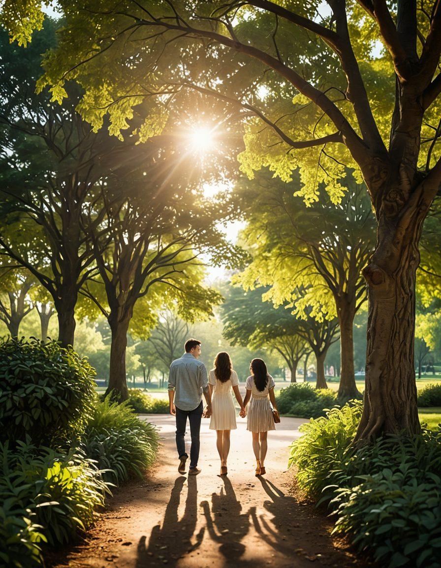 A warm, inviting scene of a couple holding hands in a park, surrounded by subtle symbols of trust and safety such as a magnifying glass and a heart locked in a safe. The background features lush greenery and sunlight filtering through trees, emphasizing warmth and connection. Soft focus on their faces to convey trust and love. romantic, vibrant colors, super-realistic.